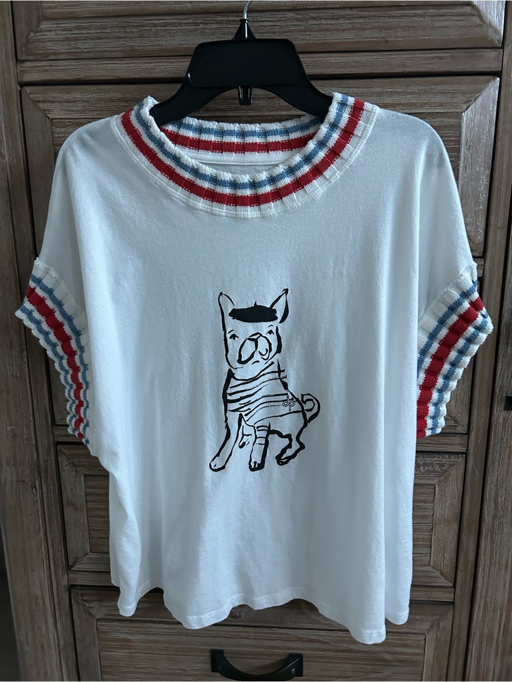 Daily Practice Anthropology Stylish White Cat-Themed Knit-Trim Tee